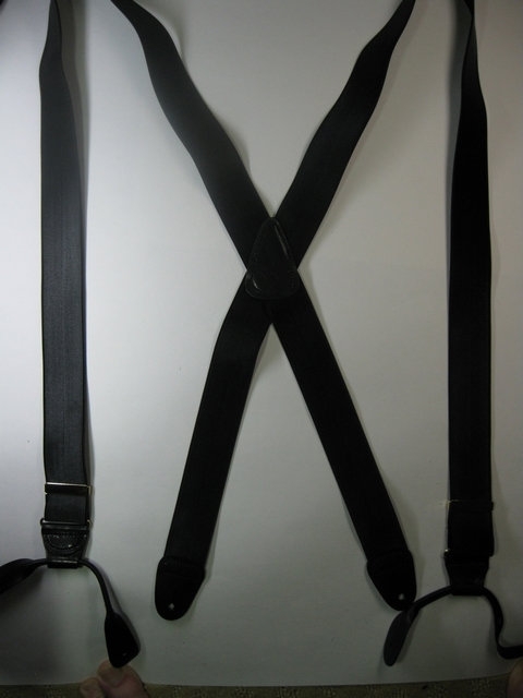 BLACK "X" Style Button-On 1 1/2" X 60" FRENCH SATIN FINISH. FANCY OCCASION DRESSUP Entirely Stretchable Suspenders With Real Leather Ends and Chrome Adjuster in the back and Two Secure CHROME Adjusters in front. Fits 6'5" to 7"1" Average Build. SB190B60BLACg